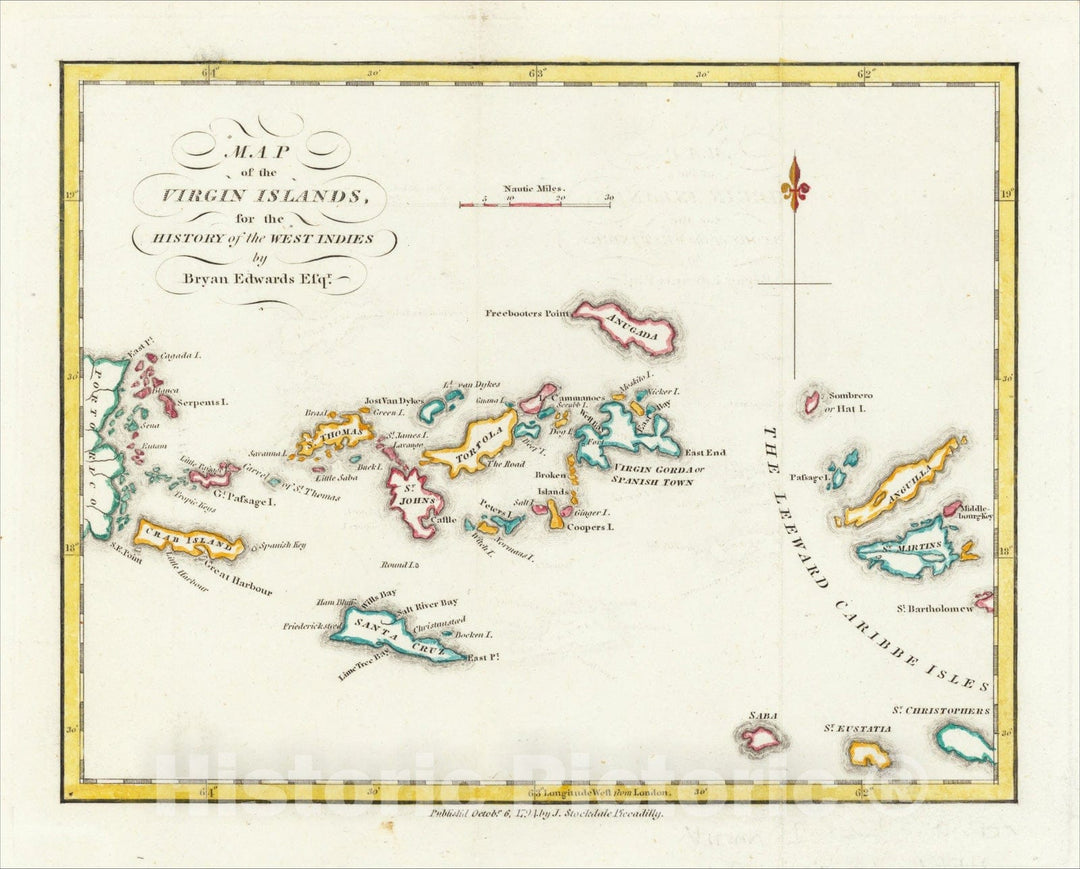 Historic Map : Map of the Virgin Islands for the History of the West Indies, 1794, Bryan Edwards, v2, Vintage Wall Art