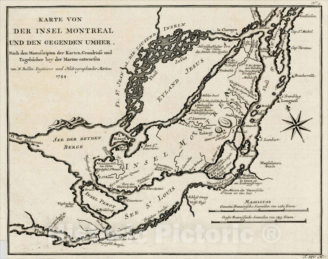 Historic Map : Karte Von Der Insel Montreal und den Gegenden Umher nach den Manuscripton der Karten Grundrisse und Tagebucher beij der Marine entworfen, c1750, Vintage Wall Art