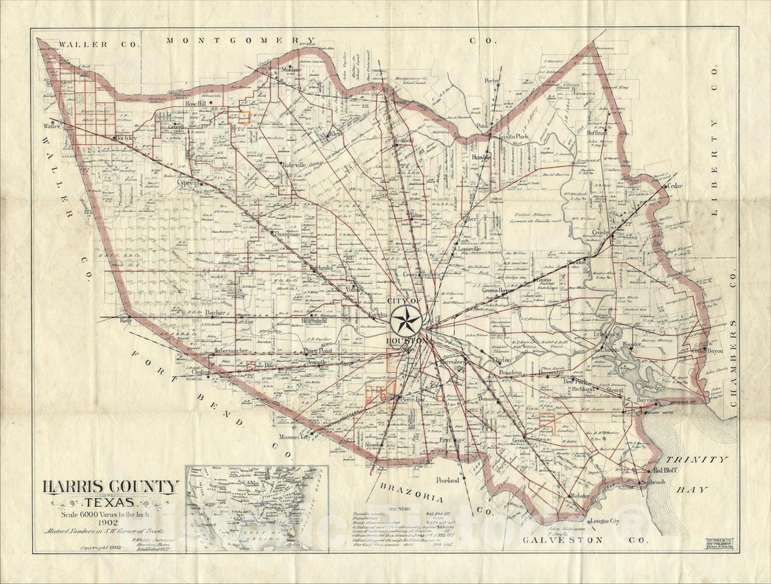 Historic Map : Harris County Texas, 1902, 1902, Patrick Whitty, Vintage Wall Art