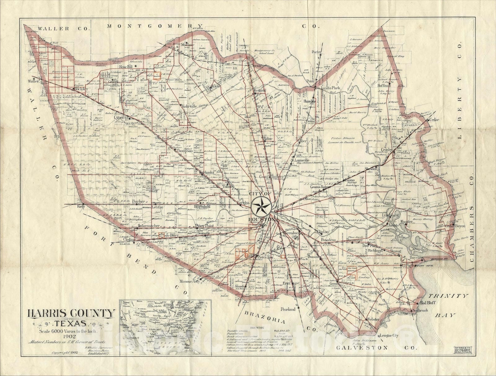 Historic Map : Harris County Texas, 1902, 1902, Patrick Whitty, Vintage Wall Art