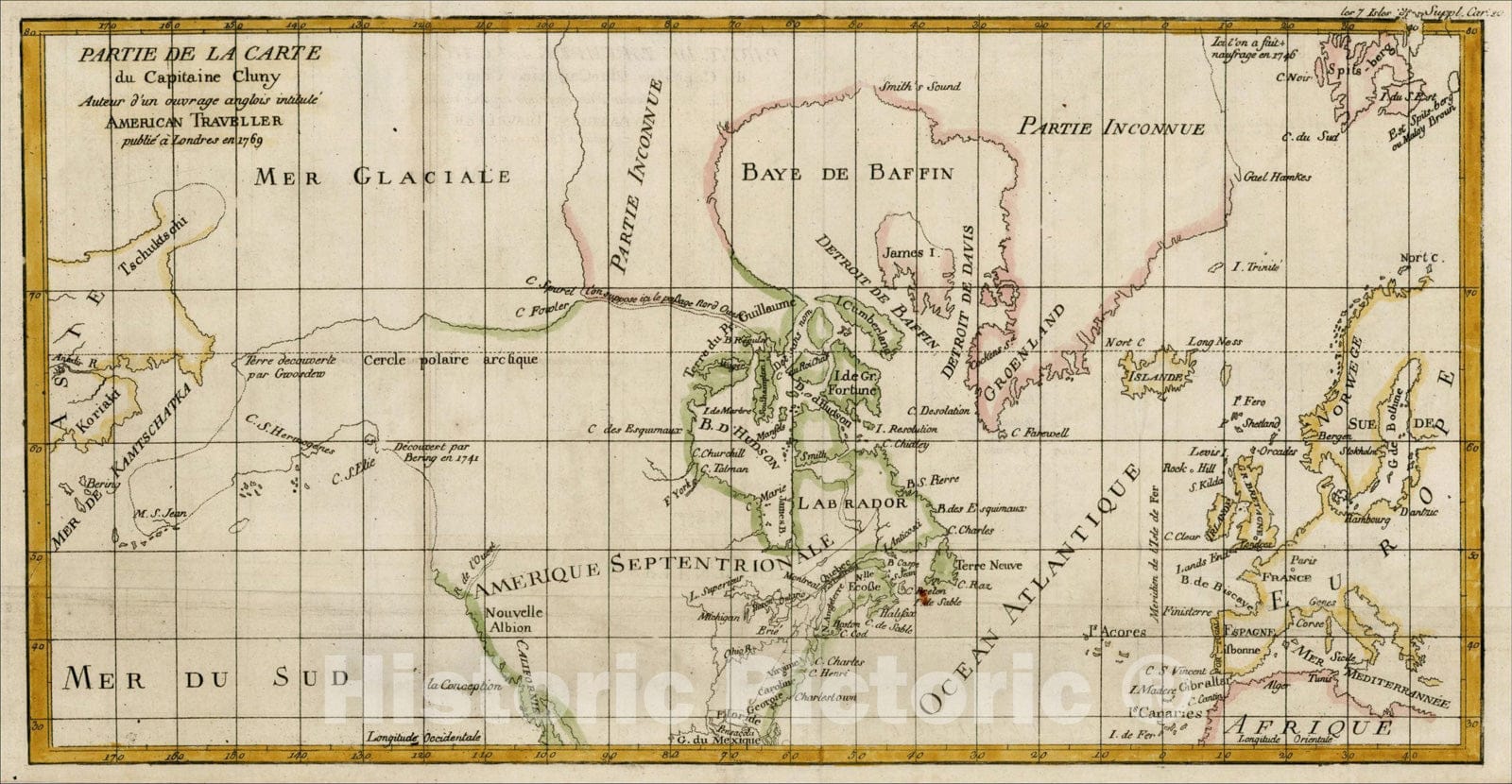 Historic Map : Partie De La Carte du Capitaine Cluny Autur d'un ouvrage anglois intitule American Traveller?1769, 1772, Denis Diderot, Vintage Wall Art