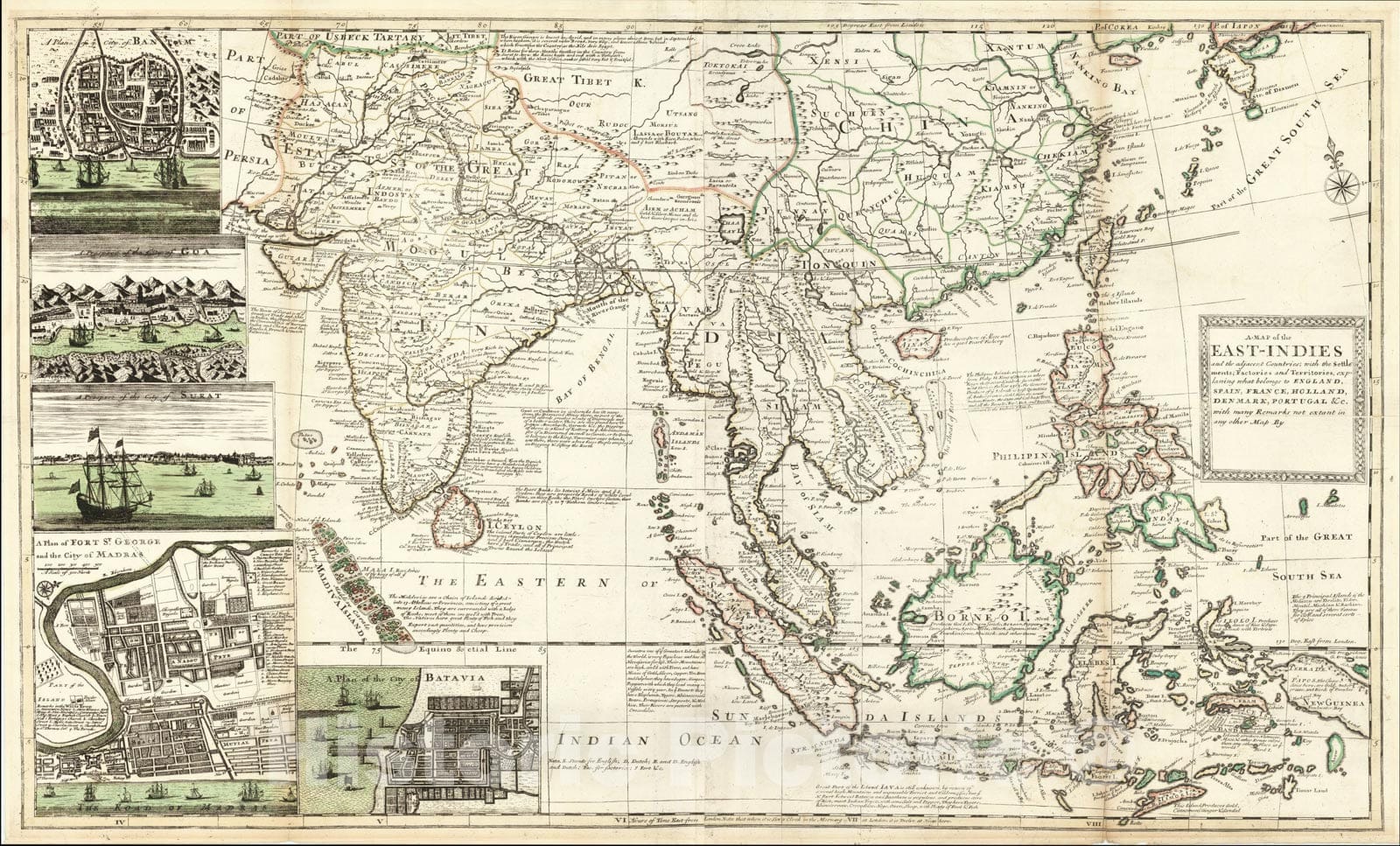 Historic Map : East-Indies explaning what belongs to England, Spain, France, Holland, Denmark, Portugal, c1735, Vintage Wall Art