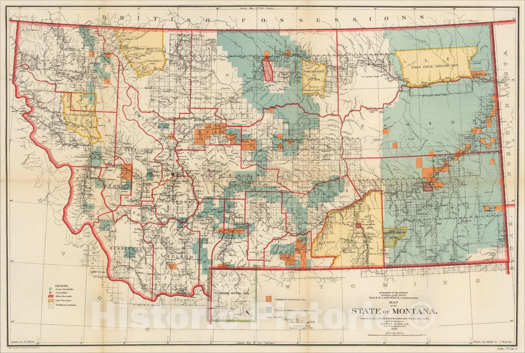 Historic Map : Map of the State of Montana. Compiled from the official Records of the General Land Office and other sources, 1897, 1906, , Vintage Wall Art