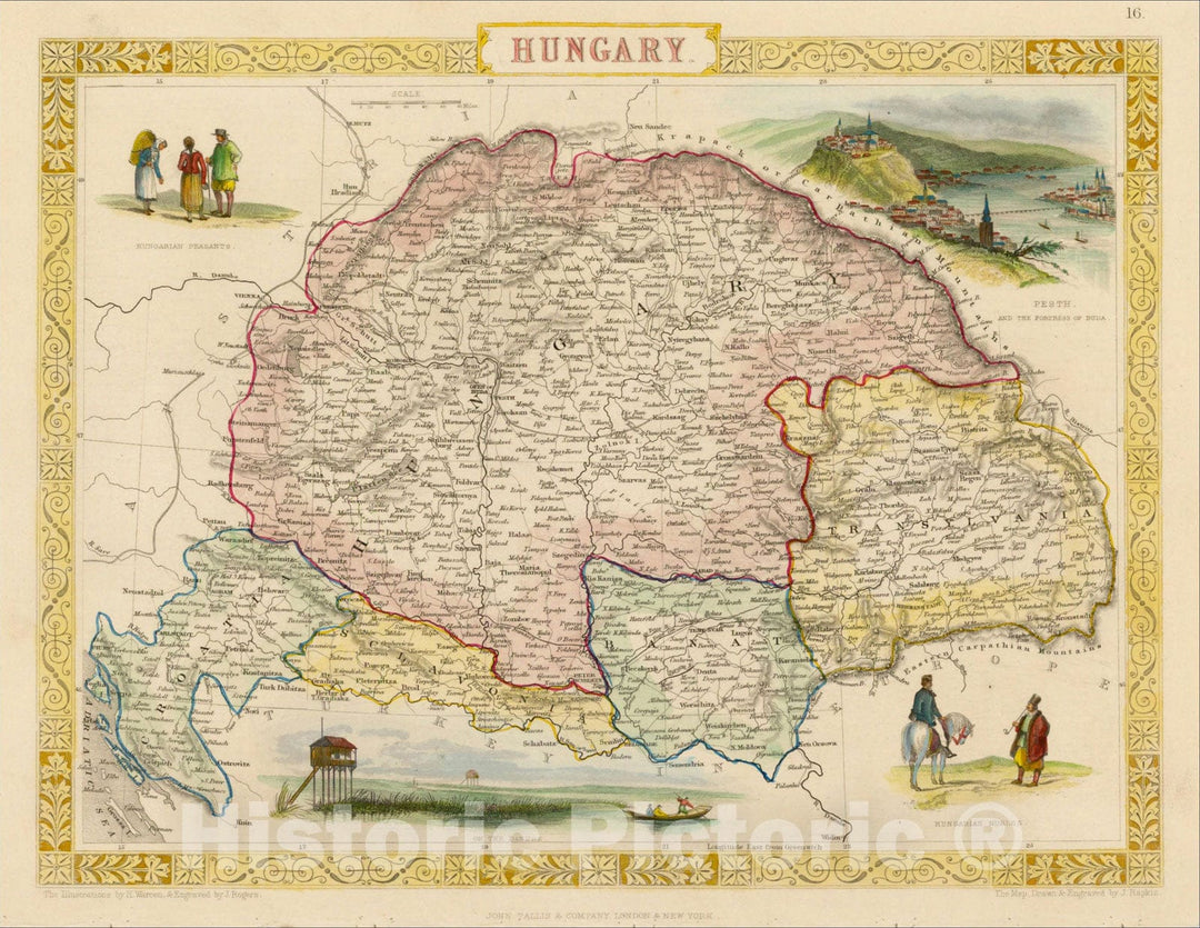 Historic Map : Hungary, 1851, John Tallis, v1, Vintage Wall Art