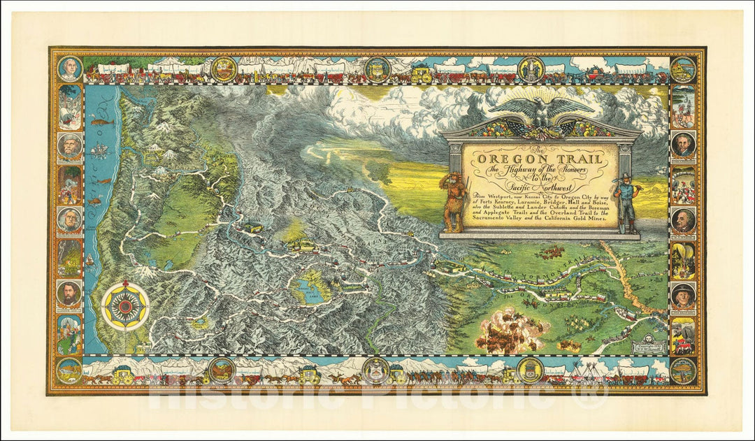 Historic Map : The Oregon Trail The Highway of the Pioneers to the Pacific Northwest From Westport, now Kansas City to Oregon City, 1932, Vintage Wall Art