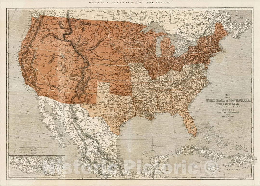 Historic Map : Map of the United States of North America, Upper & Lower Canada, New Brunswick, Nova Scotia & British Columbia Mexico Cuba, Jamaica, St, 1861, , Vintage Wall Art