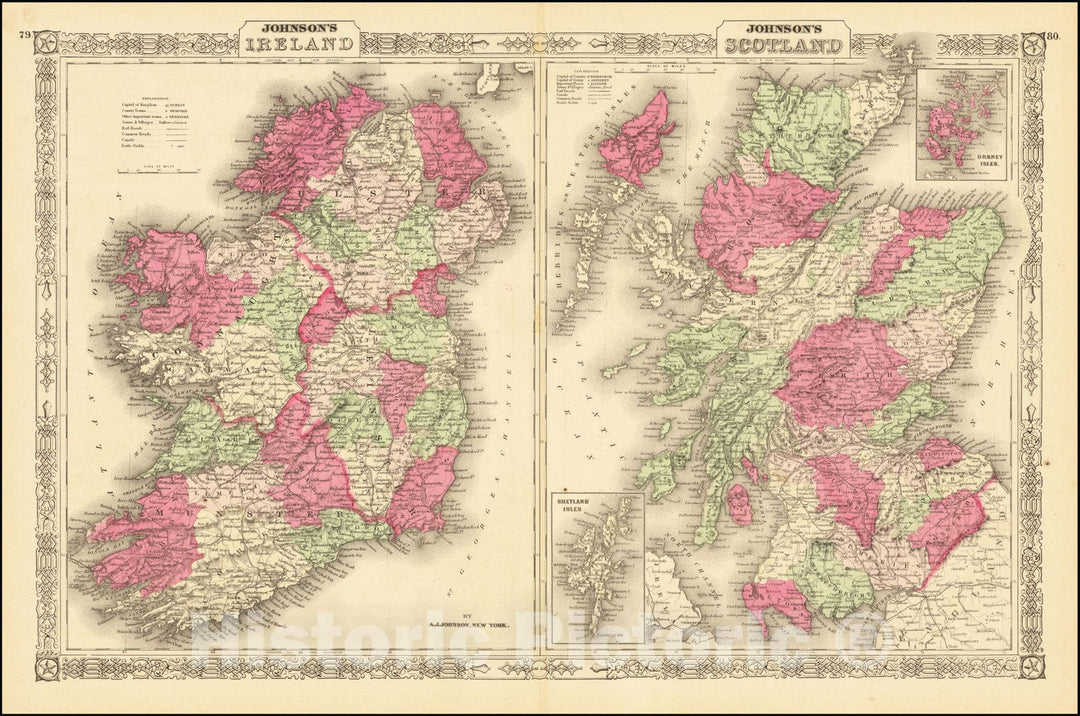 Historic Map : Johnson's Ireland with Johnson's Scotland, 1867, Alvin Jewett Johnson, Vintage Wall Art