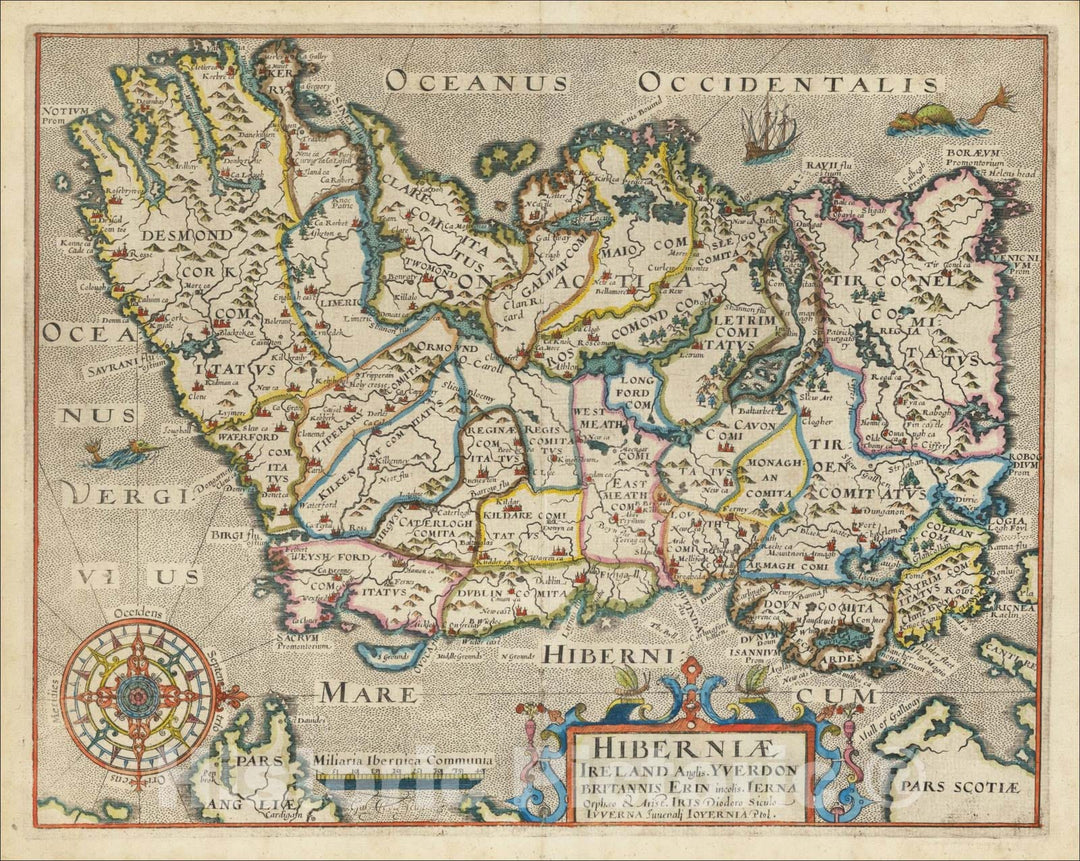 Historic Map : Hiberniae Ireland Anglis Yverdon Britannis Erin incolis Ierna , c1607, William Hole, Vintage Wall Art