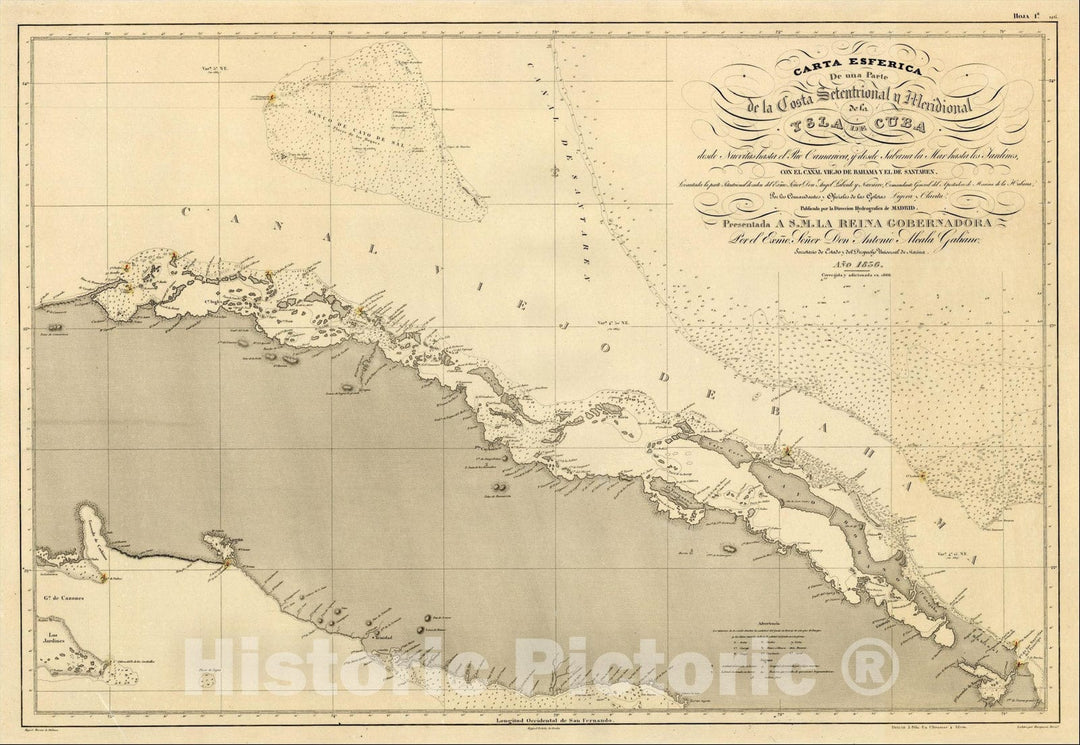 Historic Map : Parte de la Costa Setentrional y Meridional de la Isla de Cuba desde Nuevitas hasta el Rio Camarioca, 1866, Direccion Hidrografica de Madrid, Vintage Wall Art