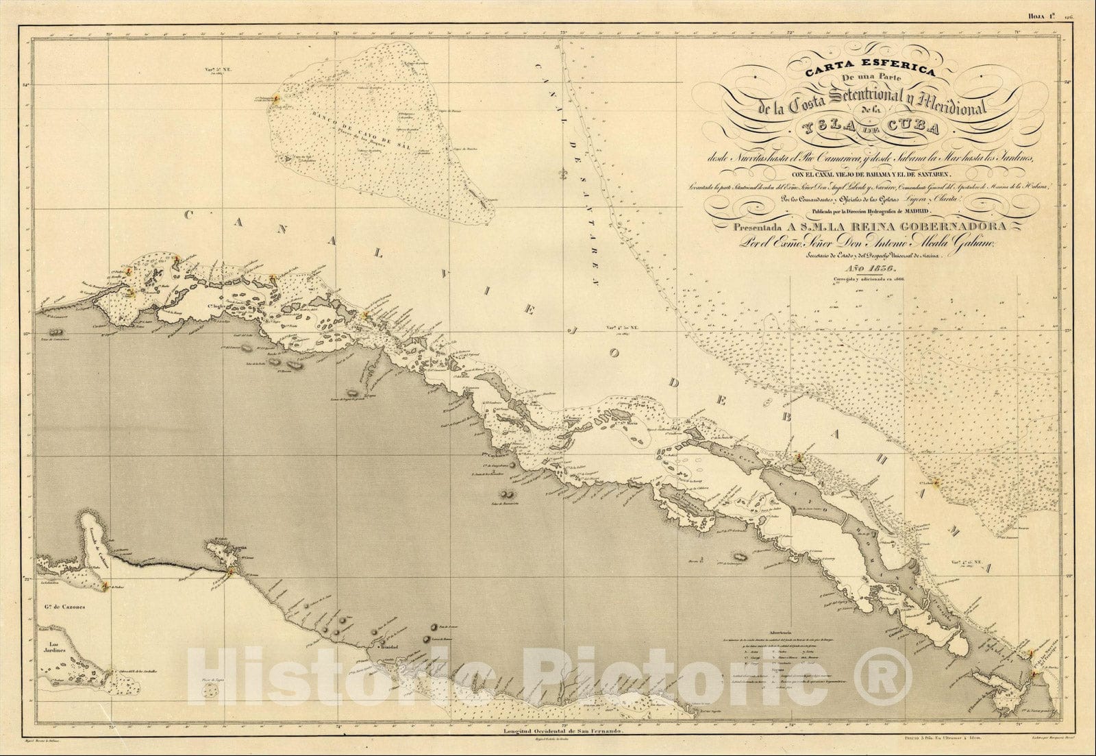 Historic Map : Parte de la Costa Setentrional y Meridional de la Isla de Cuba desde Nuevitas hasta el Rio Camarioca, 1866, Direccion Hidrografica de Madrid, Vintage Wall Art