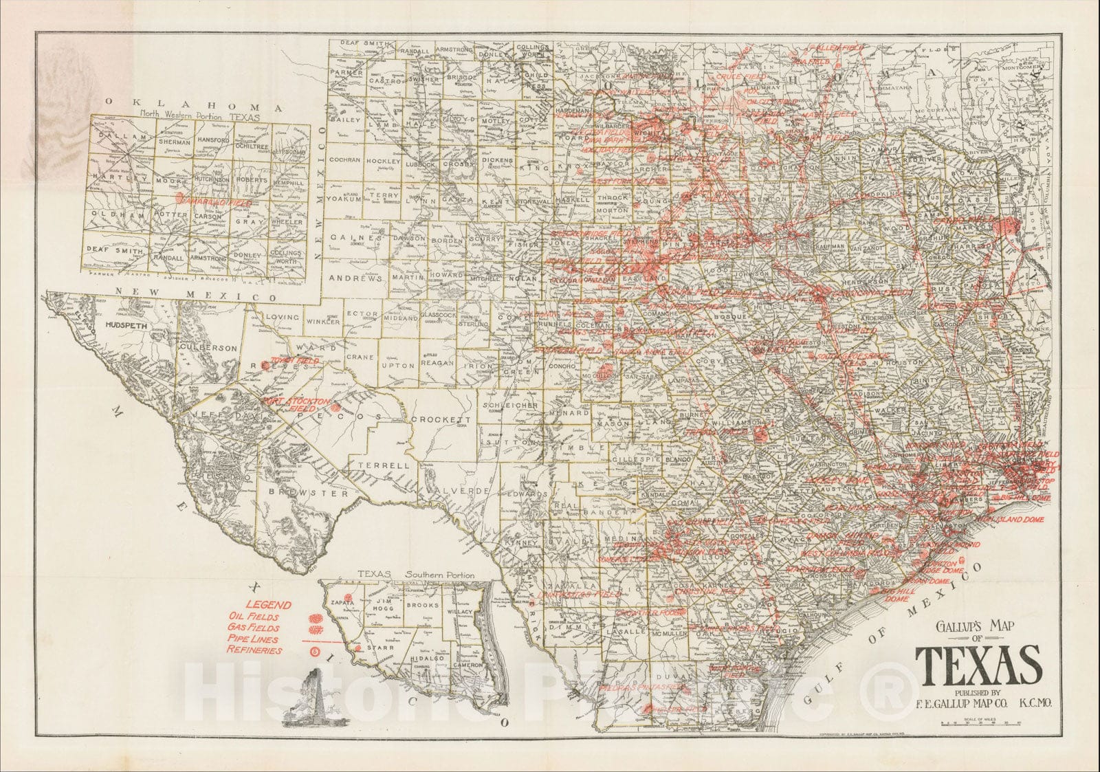 Historic Map : New Map of Texas Showing Oil and Gas Fields Pipe Lines and Refineries, , M. H. West, Vintage Wall Art