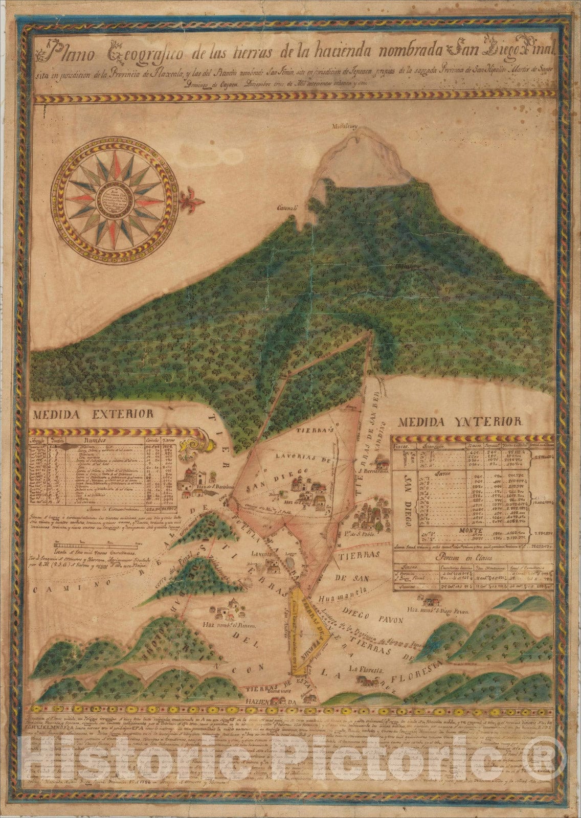 Historic Map : Plano Geogr?ico de las tierras de la hacienda nombrada San Diego Pinal, sita en jurisdicci? de la Provincia de Tlaxcala, 1786, Vintage Wall Art