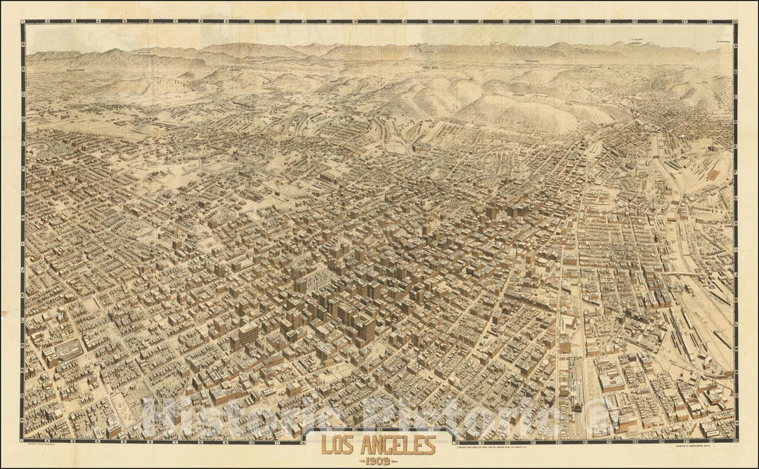 Historic Map : Los Angeles 1909, Birdseye View and Street Map of Los Angeles, 1909, Birdseye View Publishing Co., Vintage Wall Art