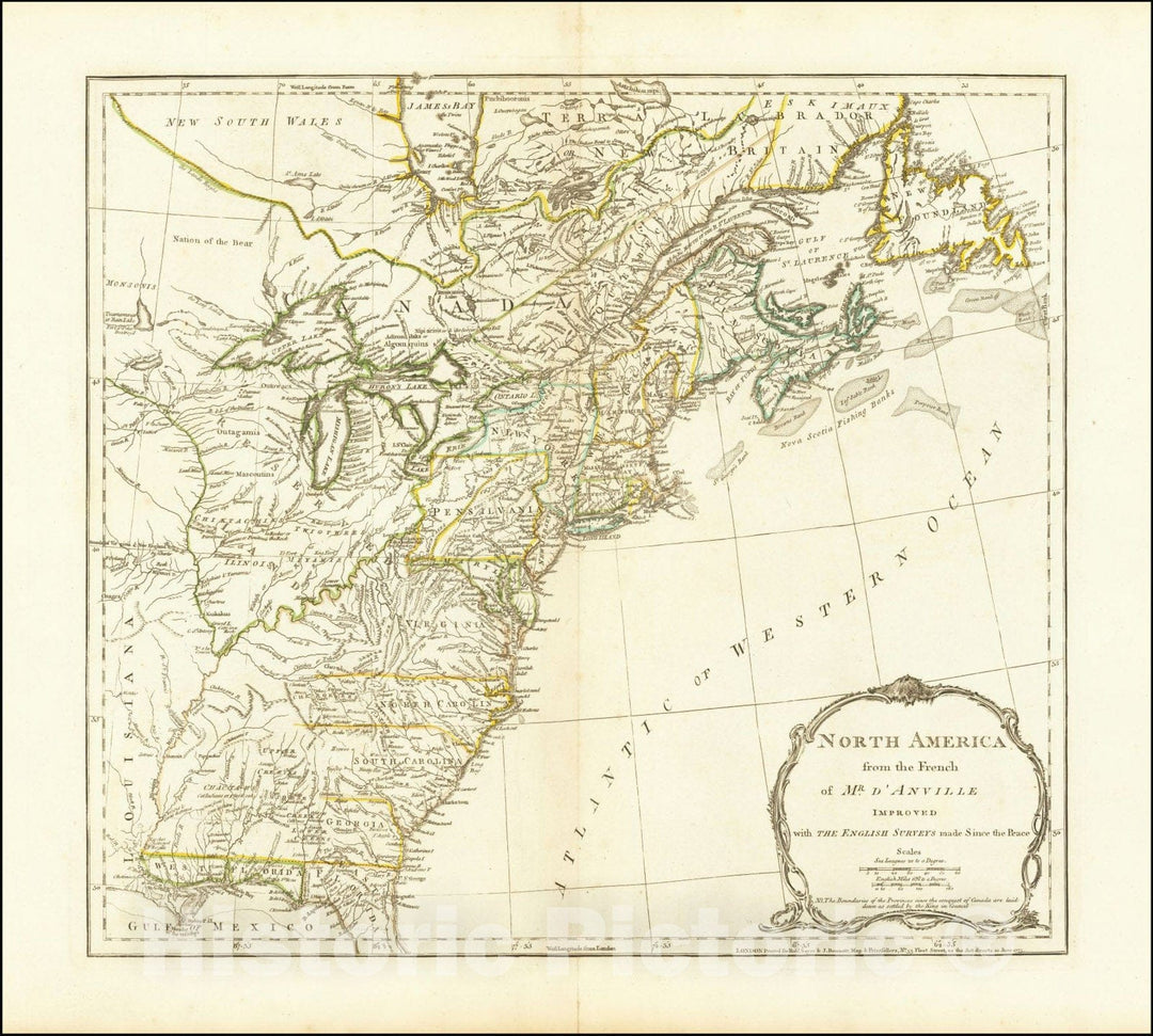 Historic Map : North America from the French of Mr. D'Anville Improved with the English Surveys made Since the Peace, June 1775, 1775, Robert Sayer, Vintage Wall Art