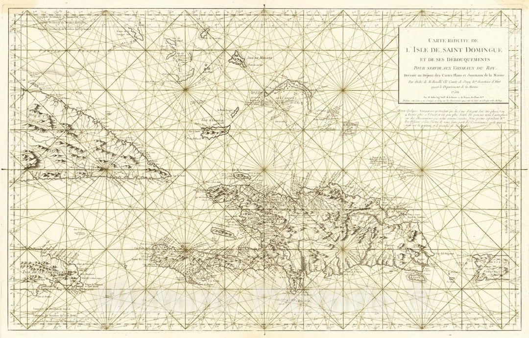 Historic Map : Carte Reduite De L'Isle De Saint Domingue et de ses Debouquements, 1750 (with Puerto Rico, Jamaica, and Cuba), 1750, Depot de la Marine, Vintage Wall Art