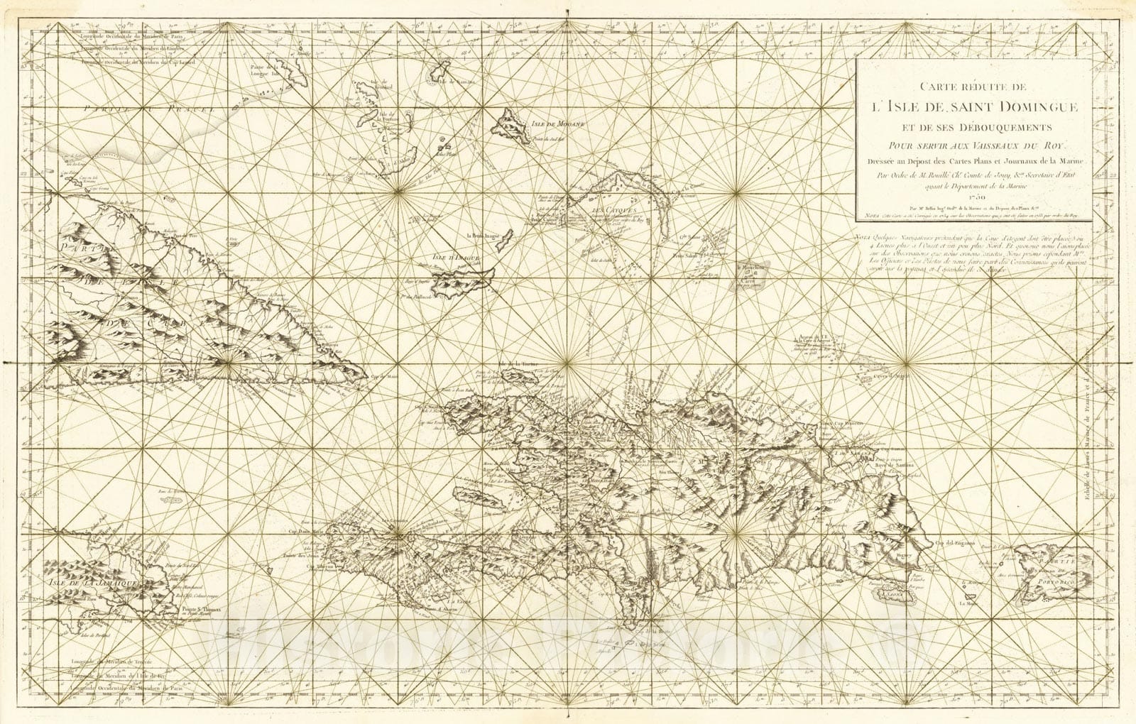 Historic Map : Carte Reduite De L'Isle De Saint Domingue et de ses Debouquements, 1750 (with Puerto Rico, Jamaica, and Cuba), 1750, Depot de la Marine, Vintage Wall Art