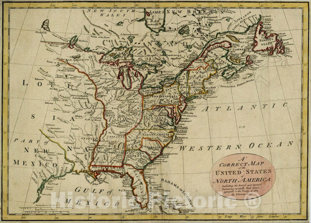 Historic Map : A Correct Map of the United States of North America. Including the British and Spanish Territories, 1787, Thomas Bowen, v1, Vintage Wall Art