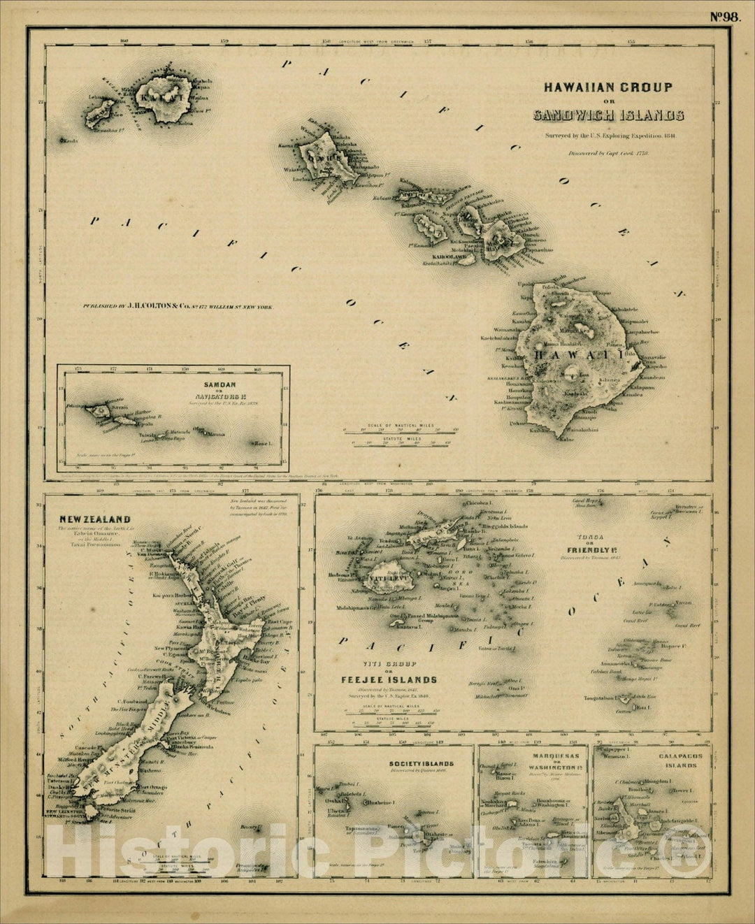 Historic Map : Hawaiian Group or Sandwich Islands with New Zealand [and] Feejee Group, Society Island, Marquesas and Galapagos Islands, 1857, Vintage Wall Art