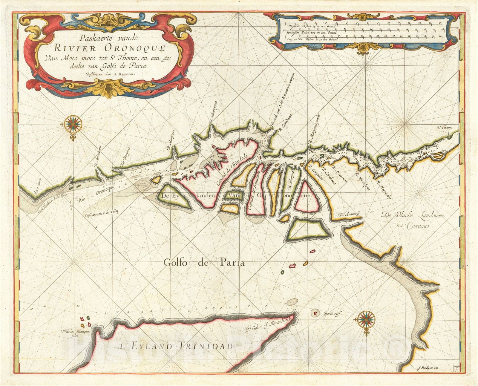 Historic Map : Paskaerte vande Rivier Oronoque Van Moco moco tot St. Thome, en een gedeelte van Golfo de Paria. Beschreven door A. Roggeveen., 1675, Vintage Wall Art