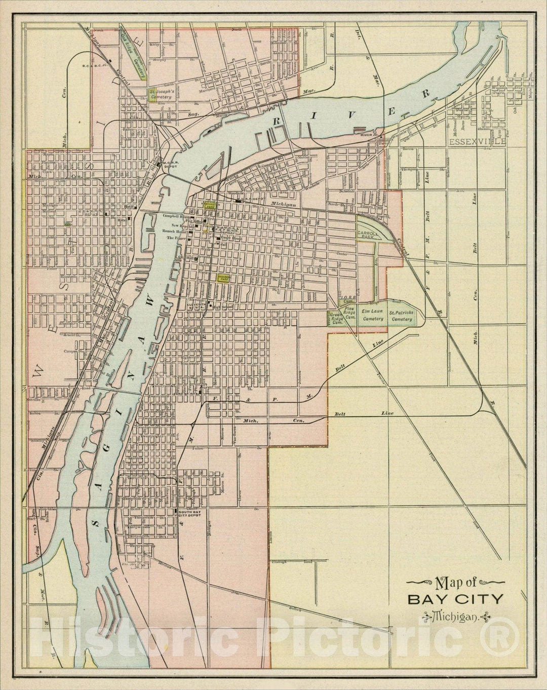 Historic Map : Map of Bay City (Michigan), 1892, George F. Cram, Vintage Wall Art