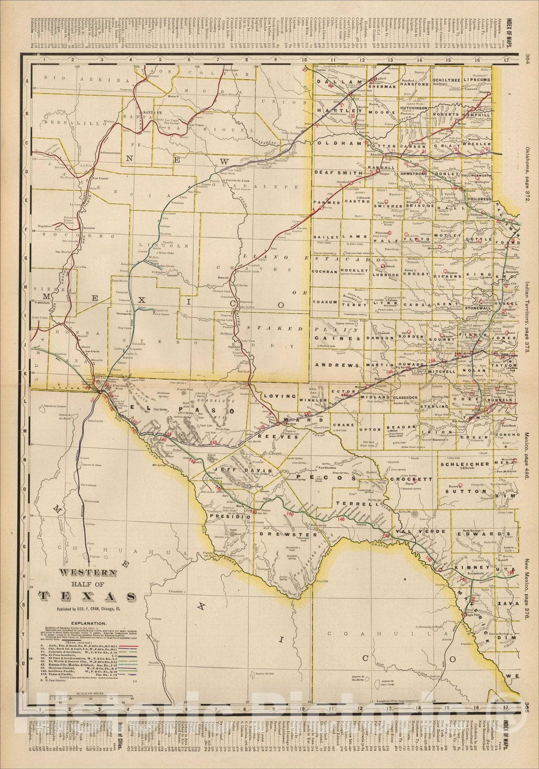 Historic Map : Western Half of Texas, 1895, George F. Cram, Vintage Wall Art