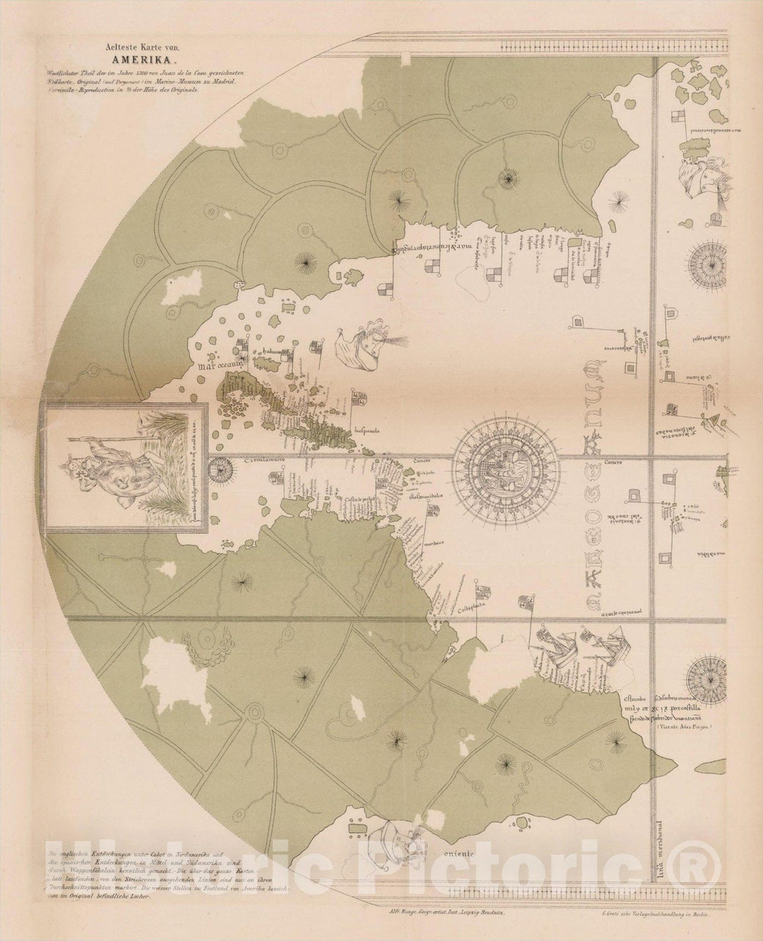 Historic Map : [Juan De La Cosa Map of the Caribbean and Atlantic Ocean] Aelteste Karte von Amerika. Westlichster Theil, c1870, Vintage Wall Art