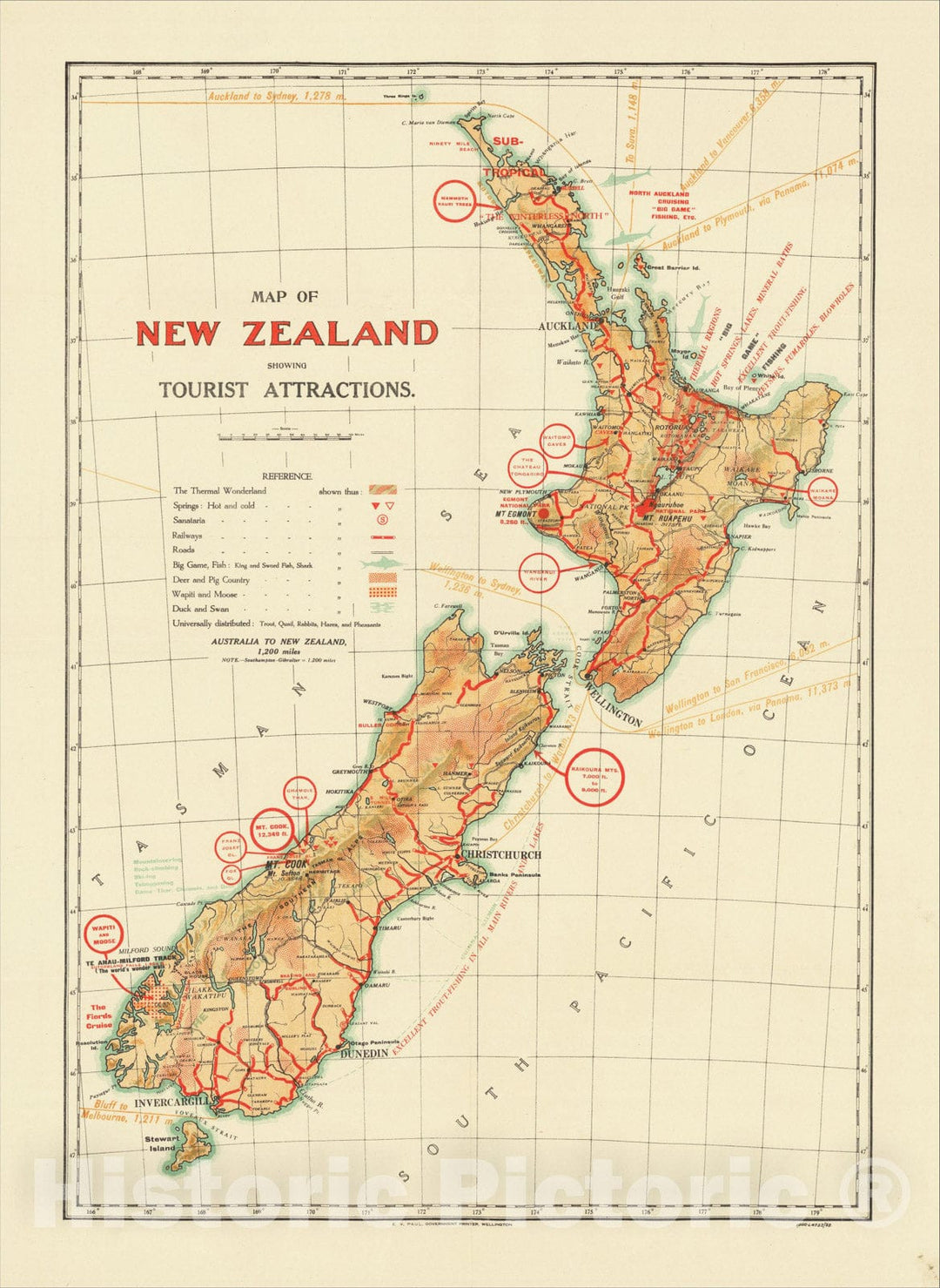 Historic Map : Map of New Zealand Showing Tourist Attractions, 1938, E. V. Paul, Vintage Wall Art