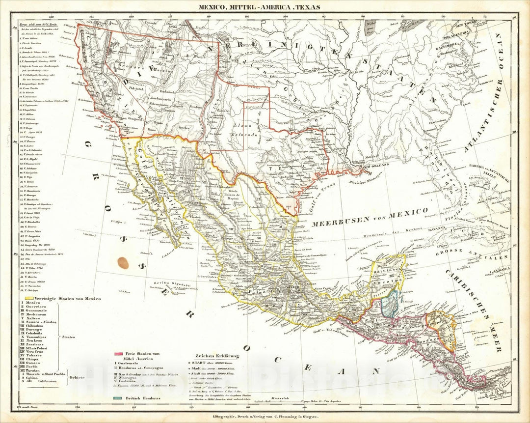 Historic Map : Mexico, Mittel-America, Texas, 1850, Carl Flemming, Vintage Wall Art