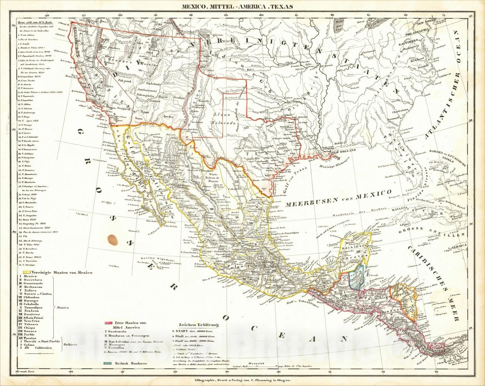 Historic Map : Mexico, Mittel-America, Texas, 1850, Carl Flemming, Vintage Wall Art