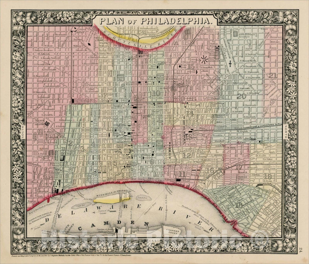 Historic Map : Plan of Philadelphia, 1862, Samuel Augustus Mitchell Jr., v2, Vintage Wall Art