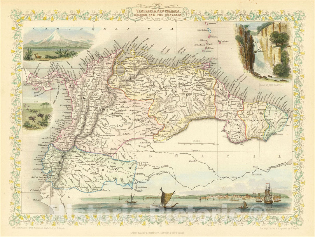 Historic Map : Venezuela, New Granada, Equador, and the Guayanas, 1851, John Tallis, Vintage Wall Art