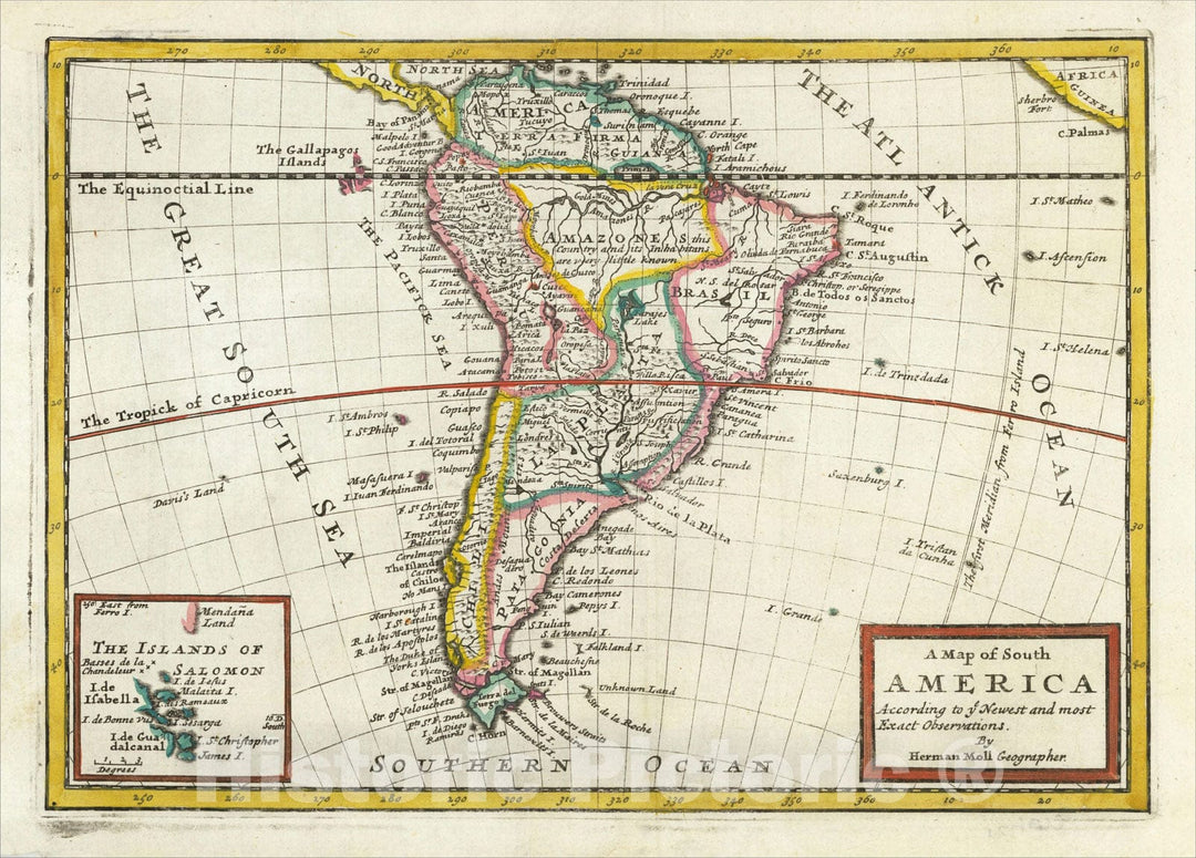 Historic Map : A Map of South America According to ye Newest and most Exact Observations, 1732, Herman Moll, Vintage Wall Art