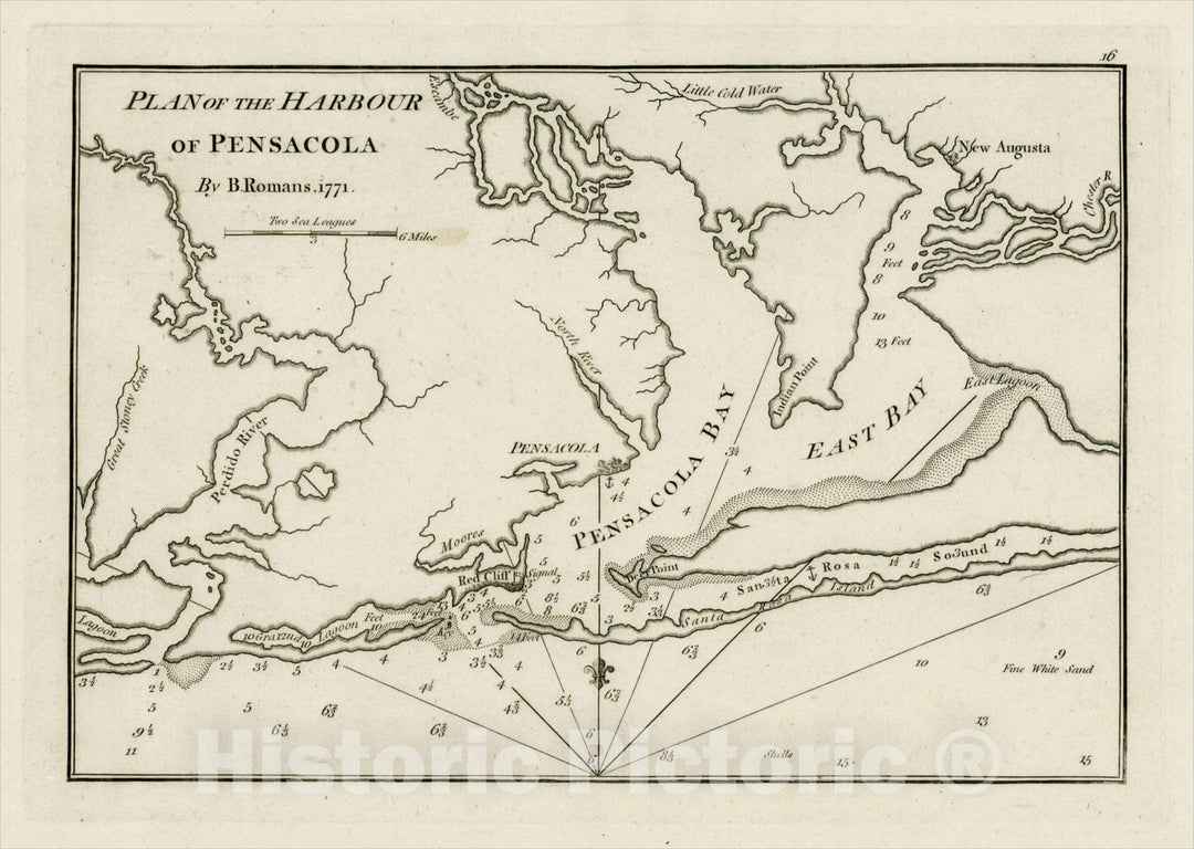 Historic Map : Plan of the Harbour of Pensacola By B. Romans. 1771, 1794, Sayer & Bennett, Vintage Wall Art