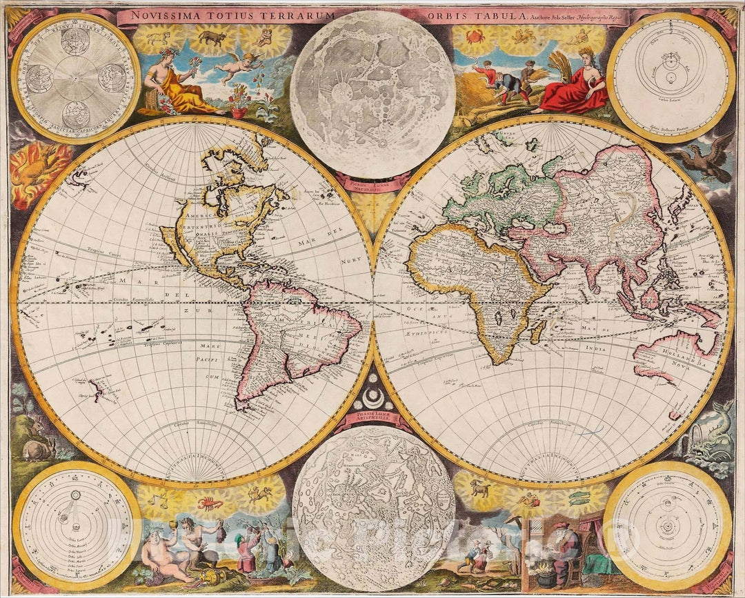 Historic Map : Novissima Totius Terrarum Orbis Tabula, Auctore Joh: Seller Hydrographo Regio, c1675, John Seller, Vintage Wall Art