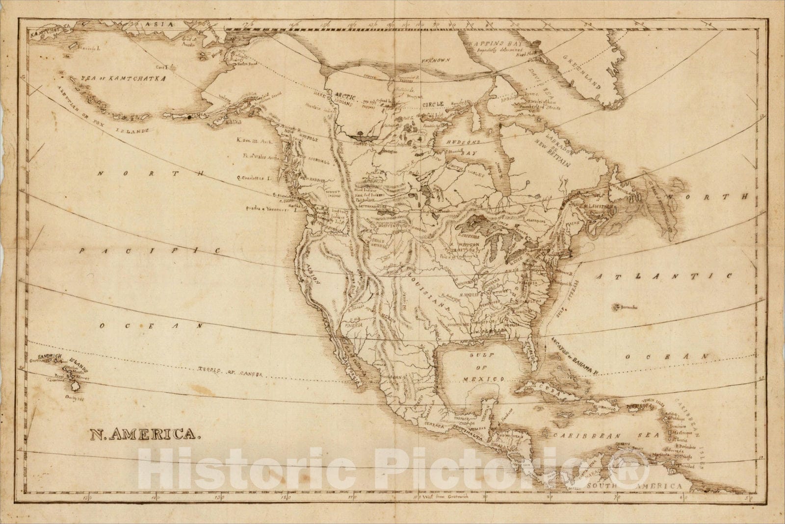 Historic Map : N. America (manuscript map of North America), c1815, Anonymous, Vintage Wall Art