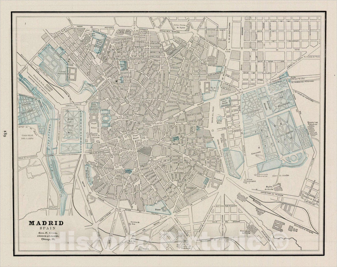 Historic Map : Madrid Spain, c1895, George F. Cram, v2, Vintage Wall Art