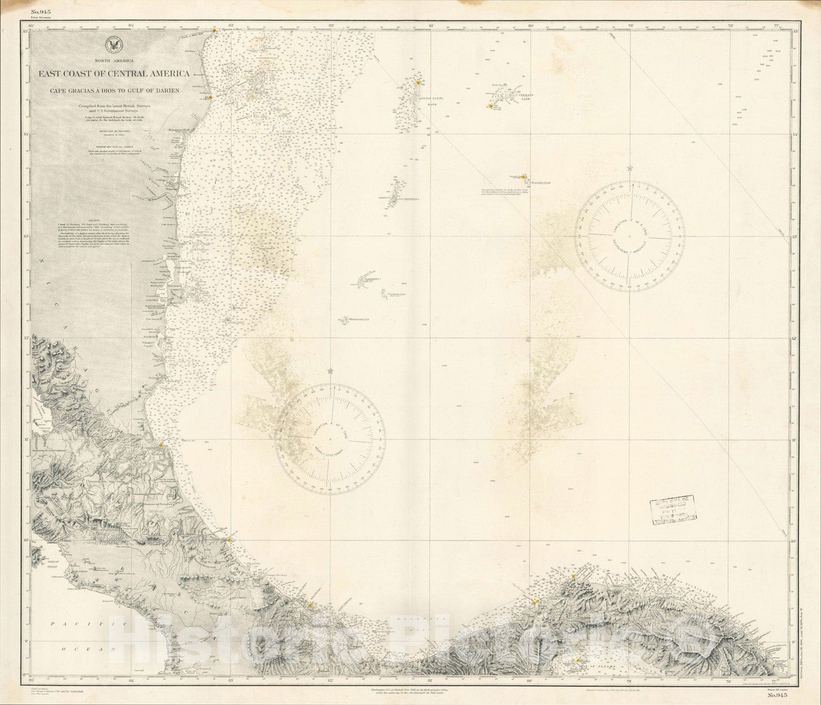 Historic Map : East Coast of Central America From Cape Gracias A Dios To Gulf of Darien Compiled From the Latest British Surveys, 1885, Vintage Wall Art