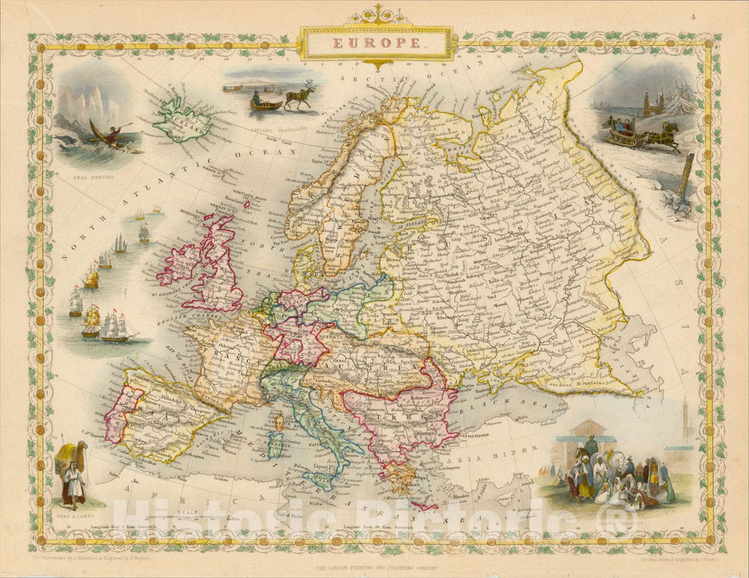 Historic Map : Europe, 1851, John Tallis, v3, Vintage Wall Art