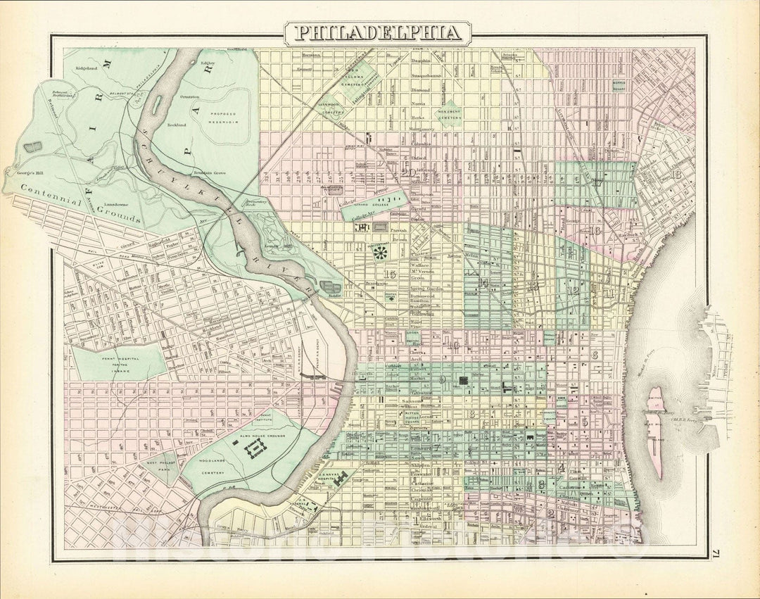 Historic Map : Philadelphia, 1875, O.W. Gray, Vintage Wall Art