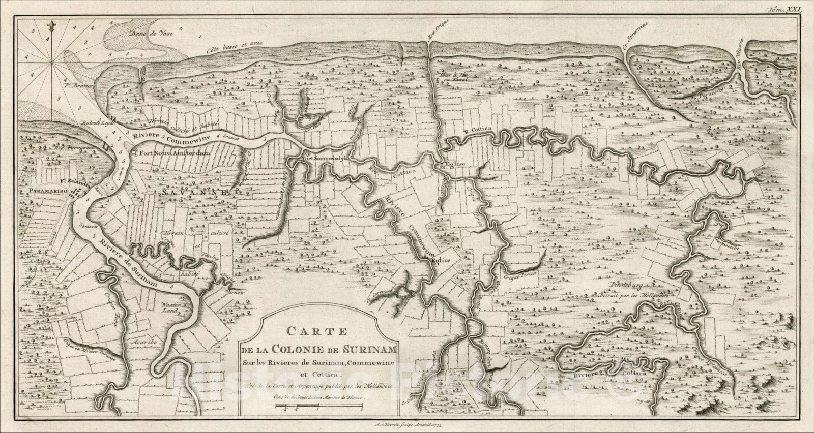 Historic Map : Carte de la Colonie de Surinam Sur les Rivieres de Surinam, Commenwine et Cottica, 1773, , Vintage Wall Art