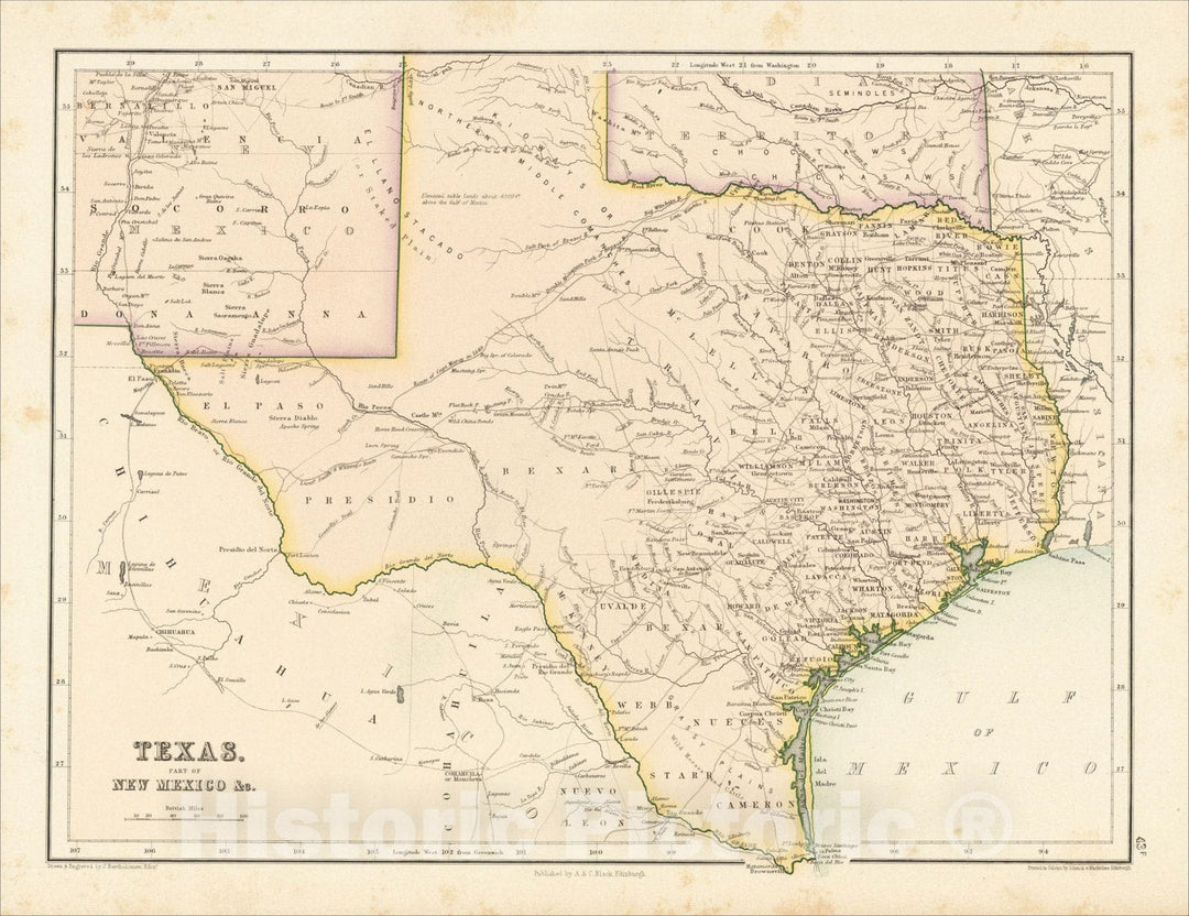 Historic Map : Texas & Part of New Mexico &c., 1876, Adam & Charles Black, v2, Vintage Wall Art