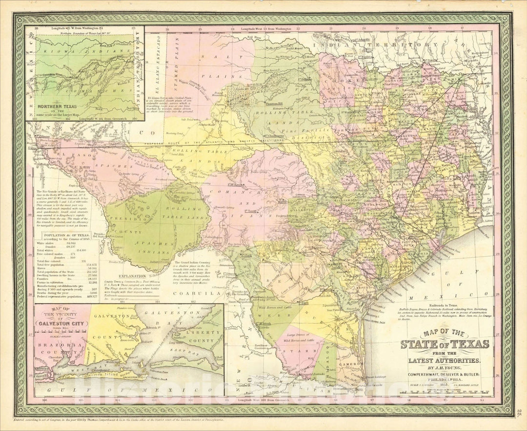 Historic Map : Map of the State of Texas From The Latest Authorities, By J.H. Young , 1853, Thomas, Cowperthwait & Co., Vintage Wall Art