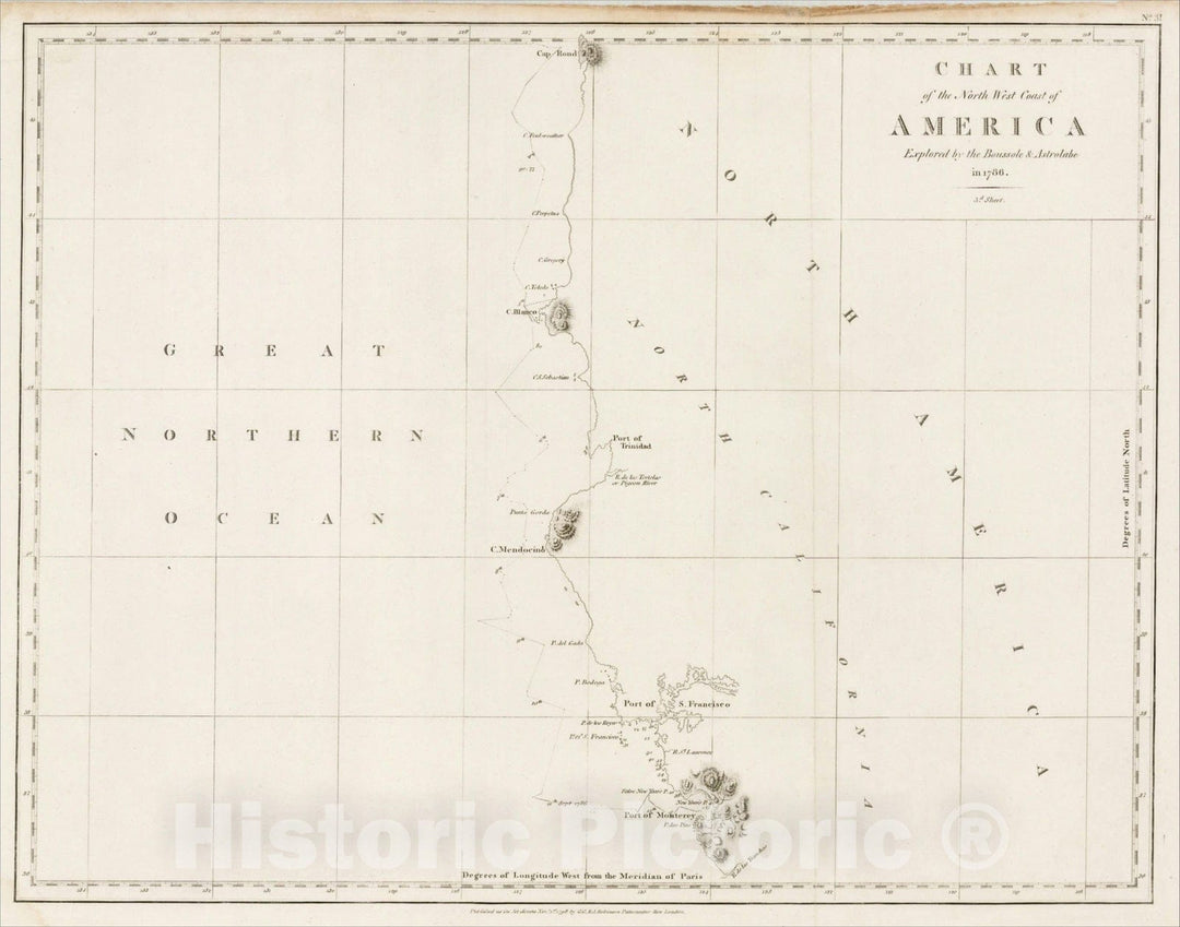 Historic Map : Chart of the North West Coast of America (Monterey and San Francisco Bay to Tillamook Head, Oregon), 1798, G. Robinson, Vintage Wall Art