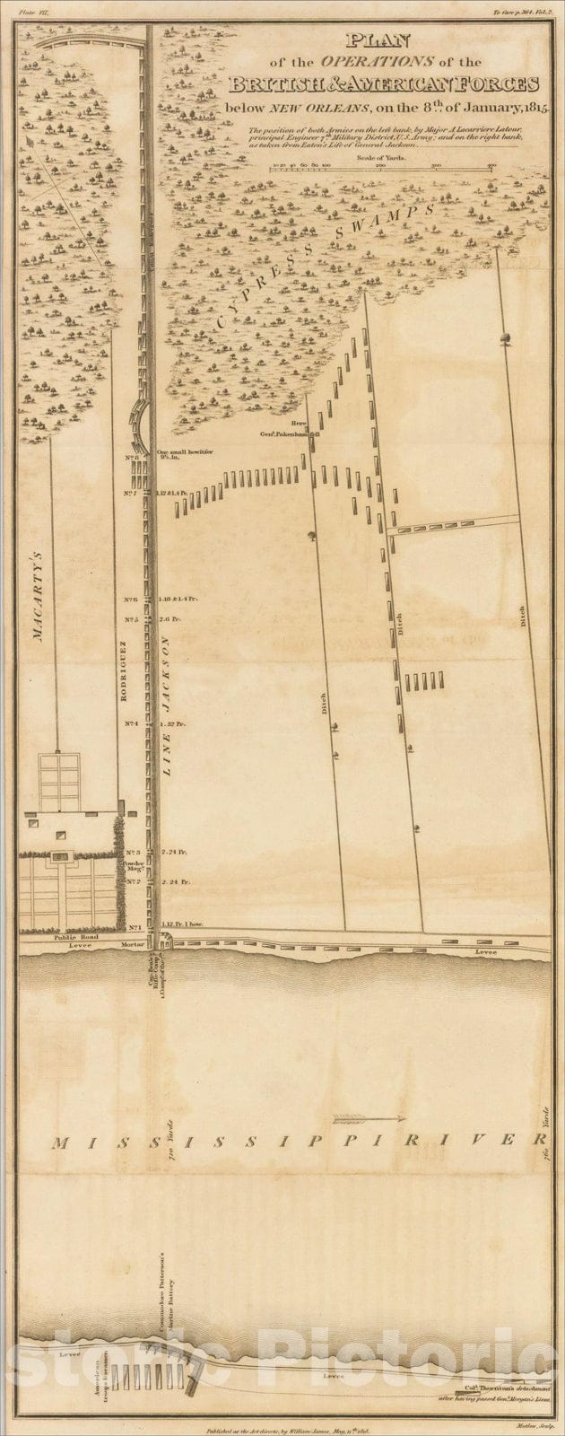 Historic Map : Plan of the Operations of the British & American Forces below New Orleans, on the 8th of January, 1815 . . ., 1818, William James, v2, Vintage Wall Art