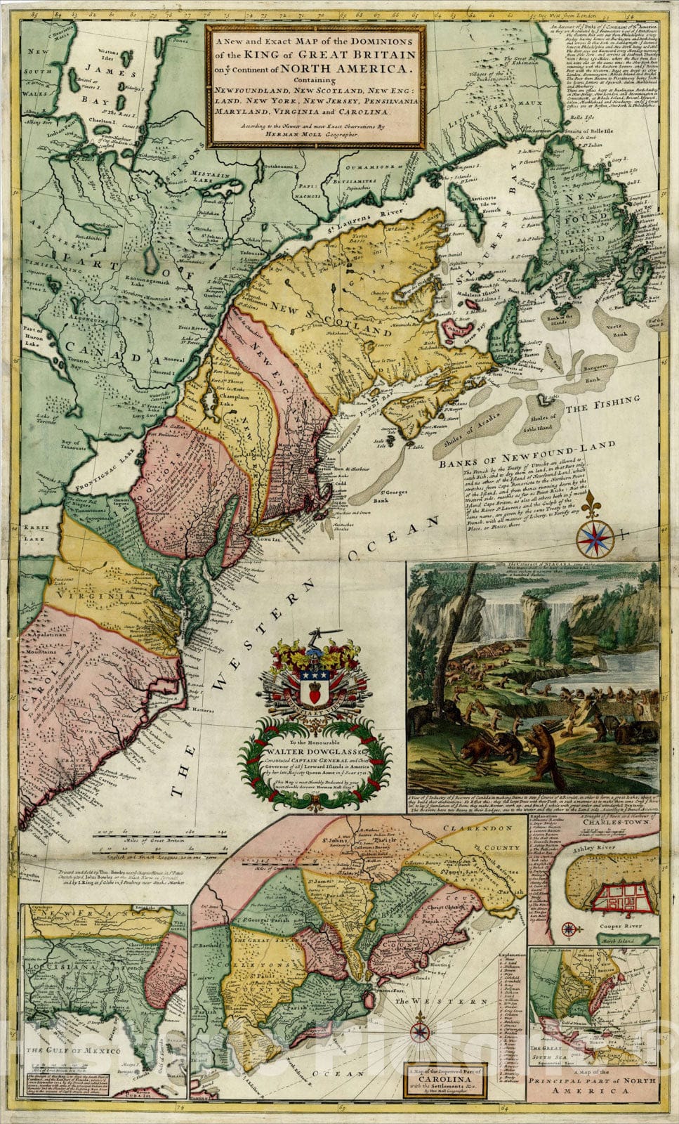 Historic Map : A New and Exact Map of the Dominions of the King of Great Britain on ye Continent of North America, [Beaver Map], 1715, , Vintage Wall Art