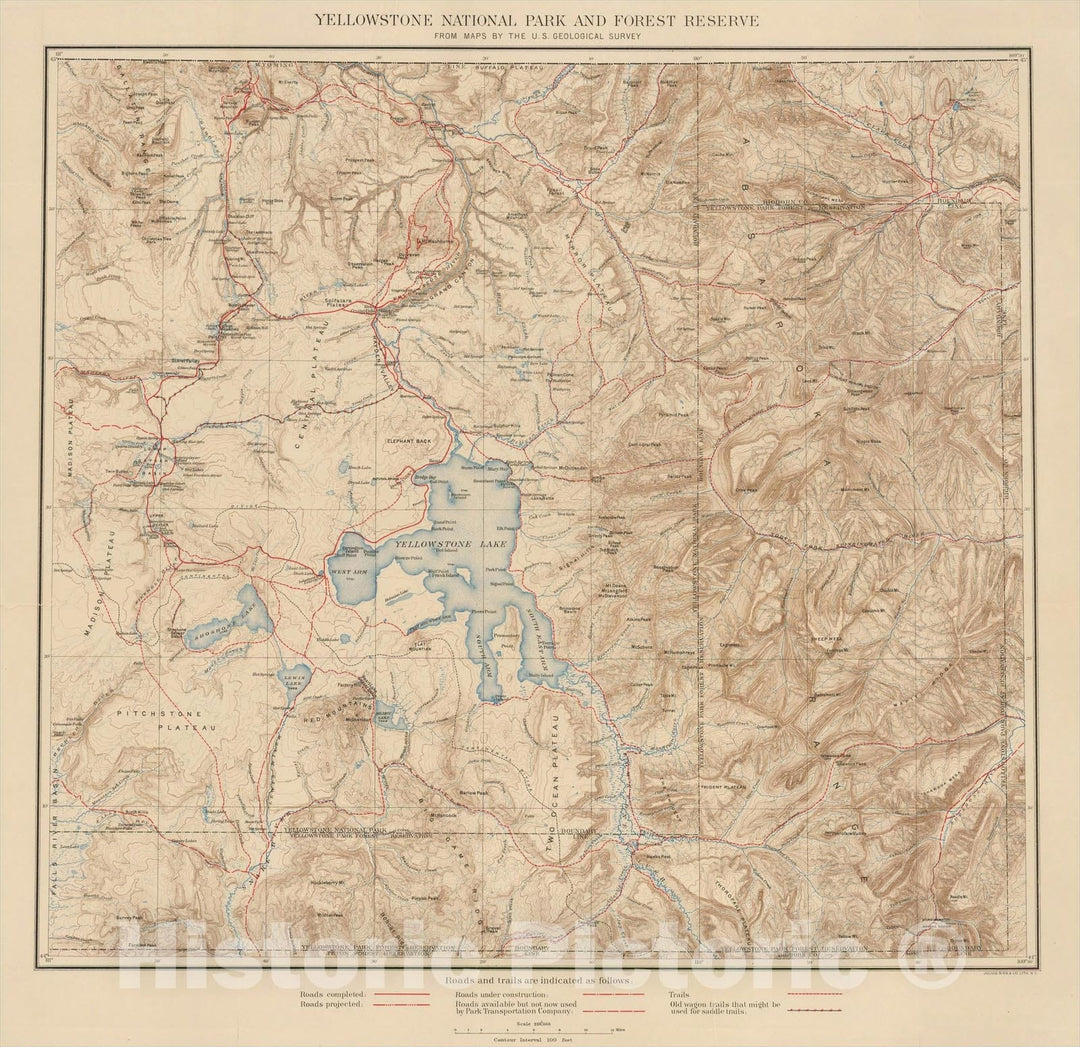 Historic Map : Yellowstone National Park and Part of Abutting Forest Reserve From Maps By The U.S. Geological Survey, c1900, , Vintage Wall Art