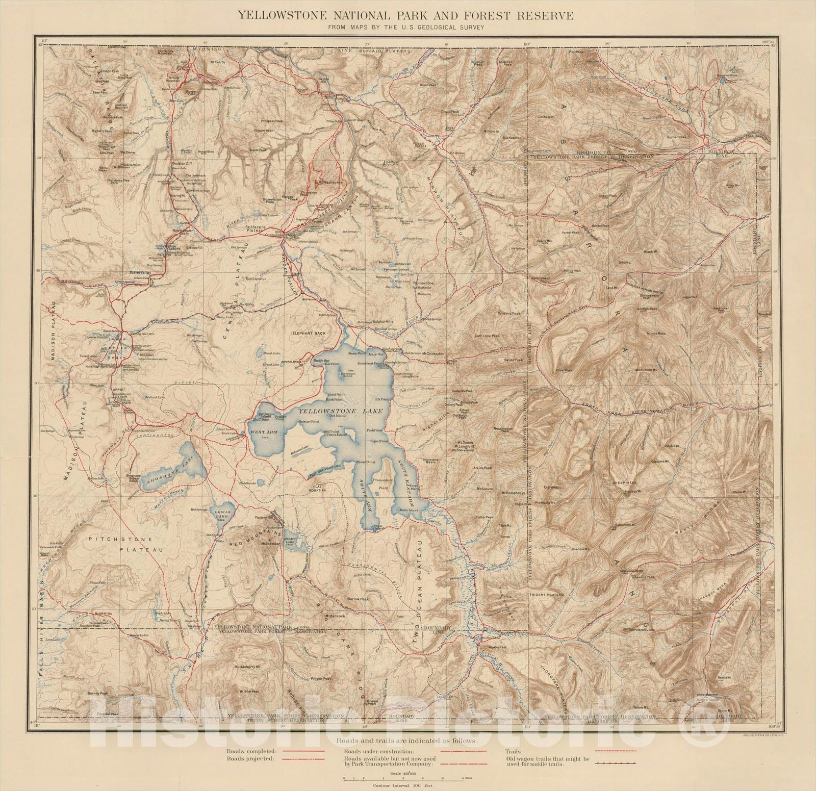 Historic Map : Yellowstone National Park and Part of Abutting Forest Reserve From Maps By The U.S. Geological Survey, c1900, , Vintage Wall Art