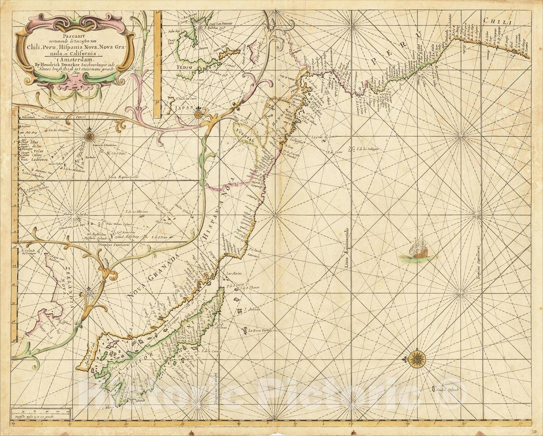 Historic Map : Pascaart vertoonende de zeecusten van Chili, Peru, Hispania Nova, Nova Granada, en California??. [Early New Zealand Inset], 1660, Vintage Wall Art