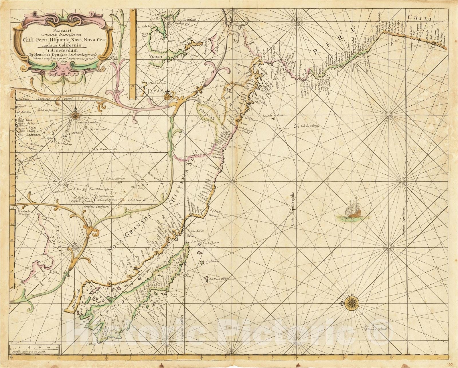 Historic Map : Pascaart vertoonende de zeecusten van Chili, Peru, Hispania Nova, Nova Granada, en California??. [Early New Zealand Inset], 1660, Vintage Wall Art