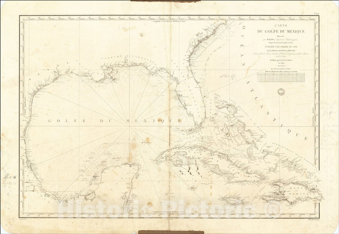 Historic Map : Carte du Golfe du Mexique Dressee par Mr. Keller, Ingenieur Hydrographe, d'apres les travaux les plus recents., 1843, 1843, Depot de la Marine, Vintage Wall Art